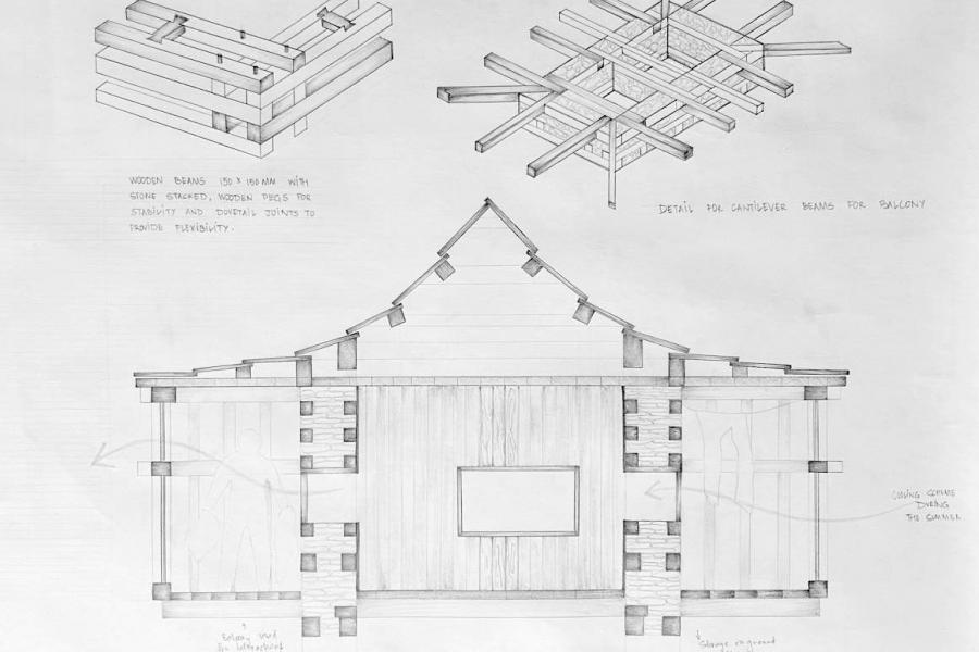 Hand-drawn architectural sketch of Kath Kuni construction showing interlocking wooden beams, cantilever beams for a balcony, and a house elevation.