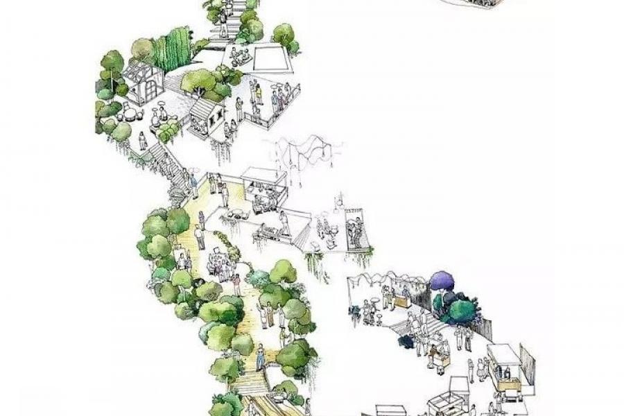 Illustration of a winding pathway connecting various urban scenes with people, green spaces, staircases, markets, and architectural elements, conveying vibrancy.