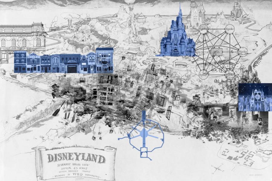 A detailed black-and-white sketch of Disneyland features iconic attractions like a castle and Main Street highlighted in blue. Overlaying diagrams show park layout, blending fantasy with structured planning.
