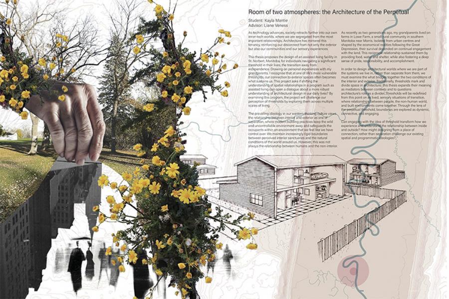 Collage-style artwork featuring a large hand and bright yellow flowers overlaying a park scene. Architectural sketches and detailed text are on the right.