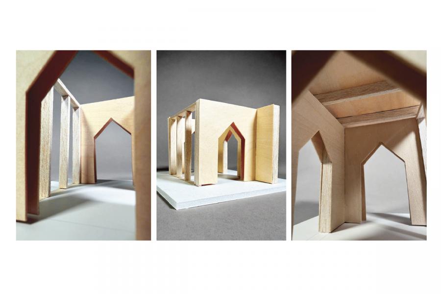 Triptych of architectural model images with wooden arches casting strong shadows. The modern, minimalist design creates a sense of space and light.