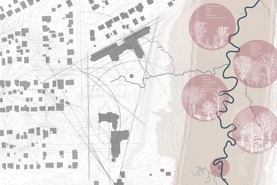 Map illustrating urban planning with grayscale buildings on the left and a winding river on the right. Red circles with tree silhouettes indicate forest areas.