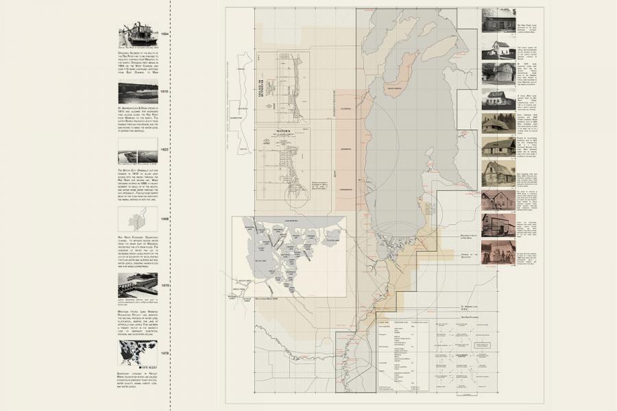 Historical map illustration of the Great Lakes region. Includes labeled timelines, geographical areas, architectural sketches, and sepia-toned images on the sides.