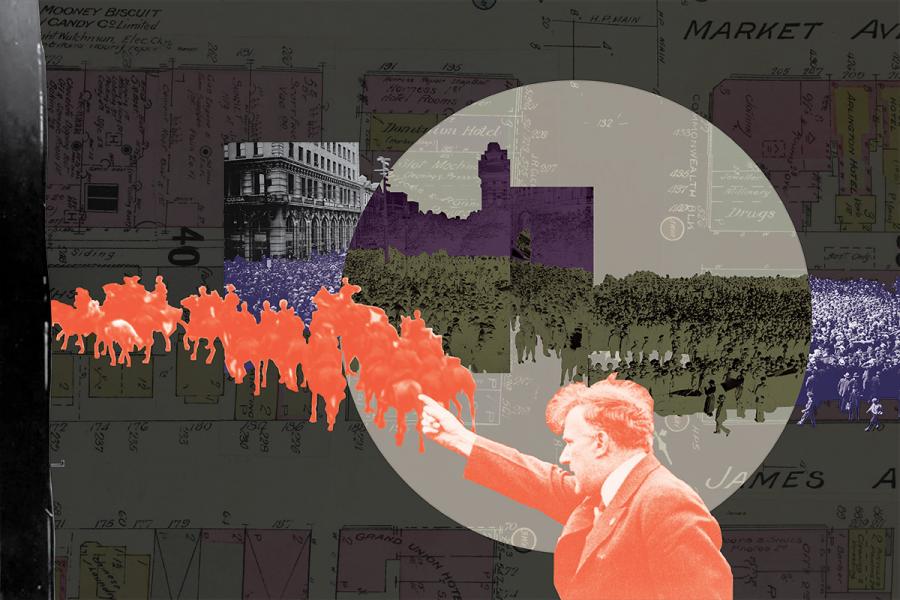Collage with urban and historical elements depicting a man gesturing, a procession of red silhouettes, architectural backgrounds, and a vintage map.