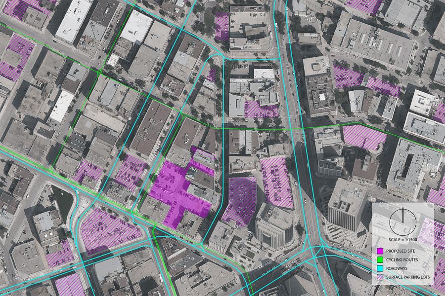 Aerial view of a city map with purple-highlighted proposed sites and surface parking lots. Green lines mark cycling routes and blue lines indicate roadways.