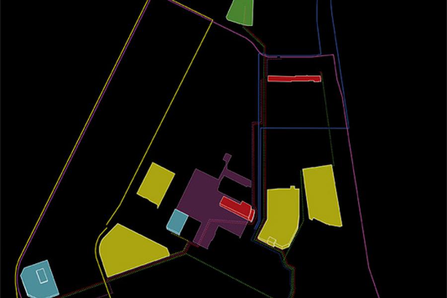 Colorful, abstract map diagram on black background. Features geometric shapes in yellow, red, blue, and green, connected by multicolored lines.