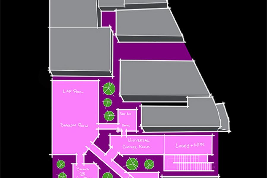 Floor plan of a recreational facility with labeled zones: lap pool, shallow pool, sauna, fitness area, and lobby. Green circles depict plants, set on a black background.