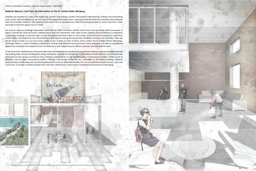 Architectural concept design for the St. Charles Hotel in Winnipeg. The image shows a blend of indoor and outdoor spaces with people interacting in a modern lobby area. Warm lighting and soft textures create a welcoming atmosphere. Patio seating and greenery offer a serene outdoor feel. Text overlays on the left provide context and background on the project.