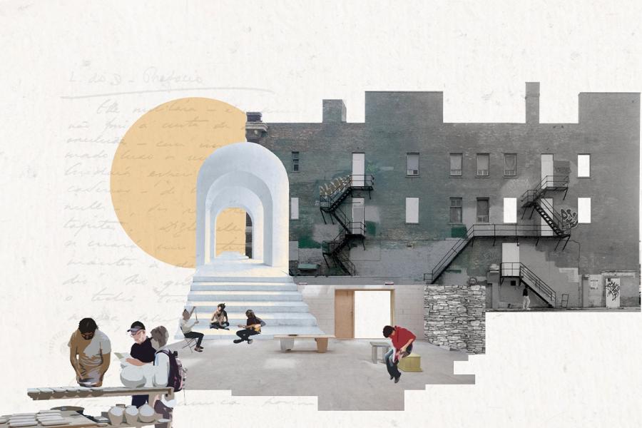 A collage features a modern arch and steps juxtaposed with an old brick building with fire escapes. People engage in activities, conveying an urban renewal theme.