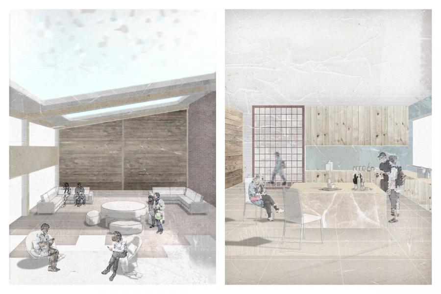 A split image shows two minimalist interior designs. Left: a spacious lounge with wooden walls, skylight, and people sitting. Right: a modern kitchen, wooden accents, people interacting, light tones.