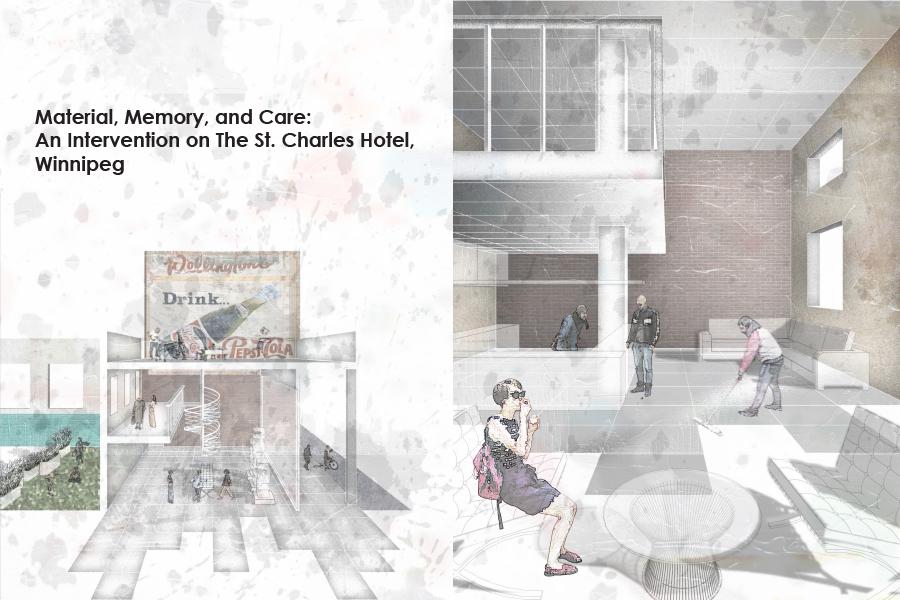 Architectural concept of St. Charles Hotel, Winnipeg. Shows people interacting in modernized interiors and original facade. Mood is reflective and thoughtful.