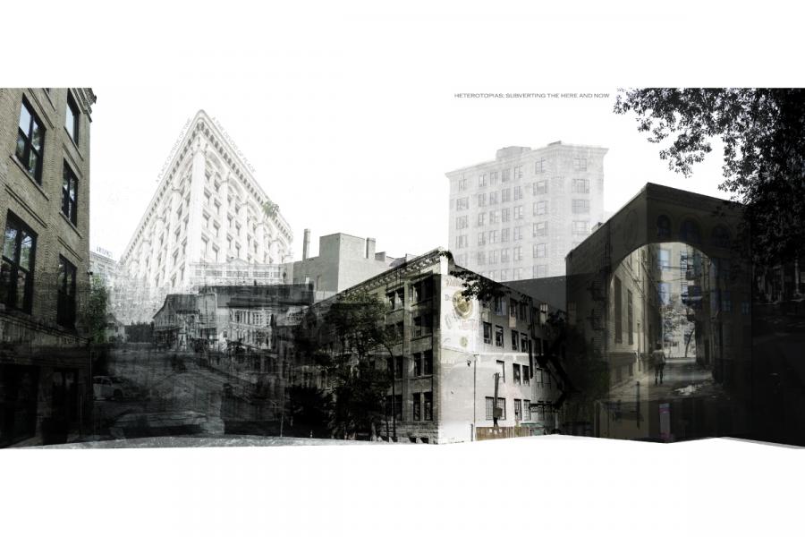 A photo collage blends historic and modern buildings in an urban landscape. Sepia tones create a nostalgic yet timeless atmosphere.