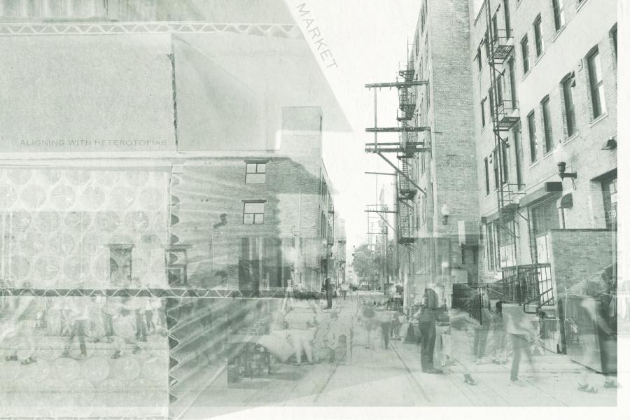 Black and white collage of urban street scene with buildings, fire escapes, and market stalls. Blurred figures suggest motion and bustling activity. Text overlays provide a layered, abstract feel.