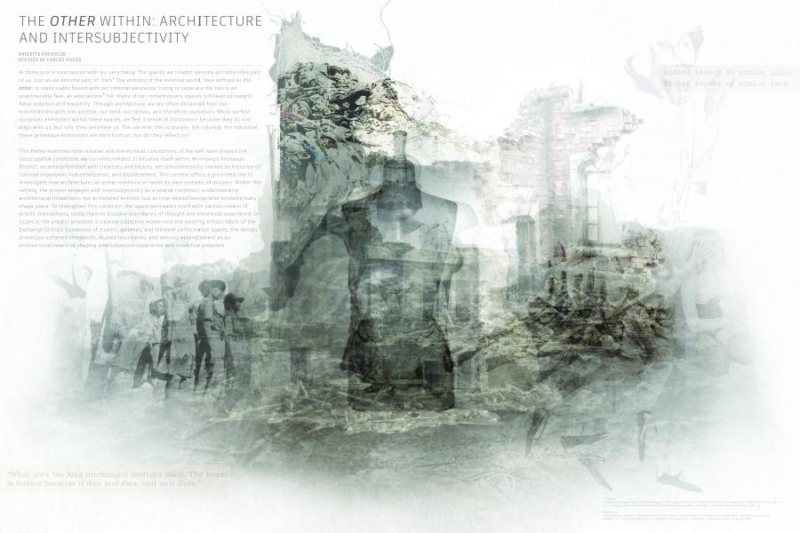 A collage titled "The Other Within: Architecture and Intersubjectivity" blends text and images, featuring human figures, architectural ruins, and abstract forms, conveying a sense of historical reflection and philosophical inquiry.