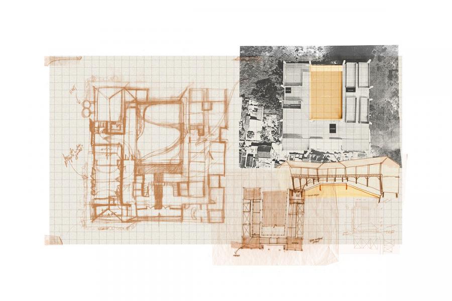 Overlay of architectural sketches and plans on grid paper, showing building layouts and details. A blend of brown and grayscale tones conveys a creative and technical atmosphere.