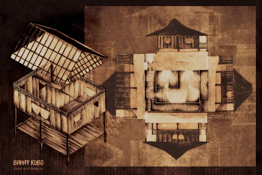 Isometric and top-down view of a Bahay Kubo, showing traditional Filipino stilt house design, bamboo walls, and thatched roof, on a brown textured background.