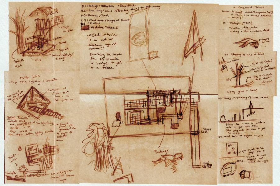 Hand-drawn sketches and notes on brown paper depict architectural concepts and design elements. The tone is creative and exploratory.