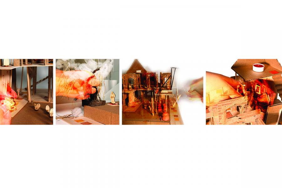 A collage of four images shows hands interacting with intricate miniature architectural models, depicting creative processes and careful craftsmanship.