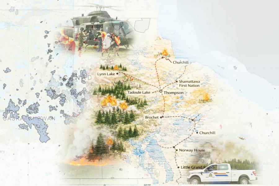 Map of Manitoba, Canada shows forest fires near Lynn Lake, Tadoule Lake, and Brochet. A helicopter evacuation and an emergency vehicle are also depicted.