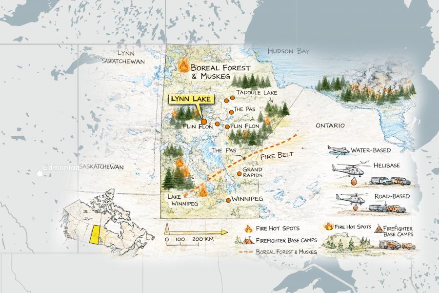 Map of Manitoba and Saskatchewan shows fire management zones. Features include Lynn Lake, fire hot spots, base camps, and boreal forest areas.