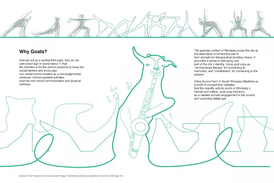 Illustration of a goat playing a saxophone with playful, abstract line art. Text discusses the benefits of animal-assisted therapy using goats in Winnipeg.