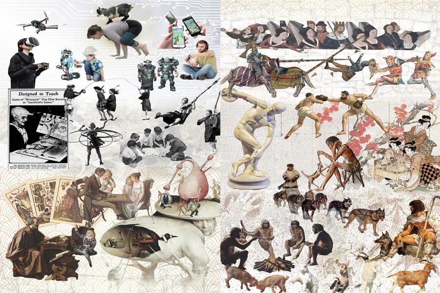 A collage juxtaposing technology and history. Left side depicts modern devices, drones, VR, and robotics.; right side shows historical art with sculptures, medieval scenes, and ancient activities. Conveys contrast between past and present.