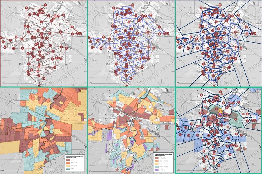 Six maps showing network diagrams and colored zoning layouts. The top row features interconnected nodes with lines in red and blue. The bottom row displays diverse, color-coded areas overlaid on a city grid.