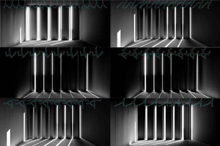 A four-panel image showing minimalist rooms with vertical light beams from narrow windows, casting sharp, angled shadows on the floors and walls.