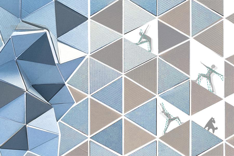 Geometric pattern of blue and gray triangles with origami shapes and climbing stick figures, conveying a dynamic and playful tone.