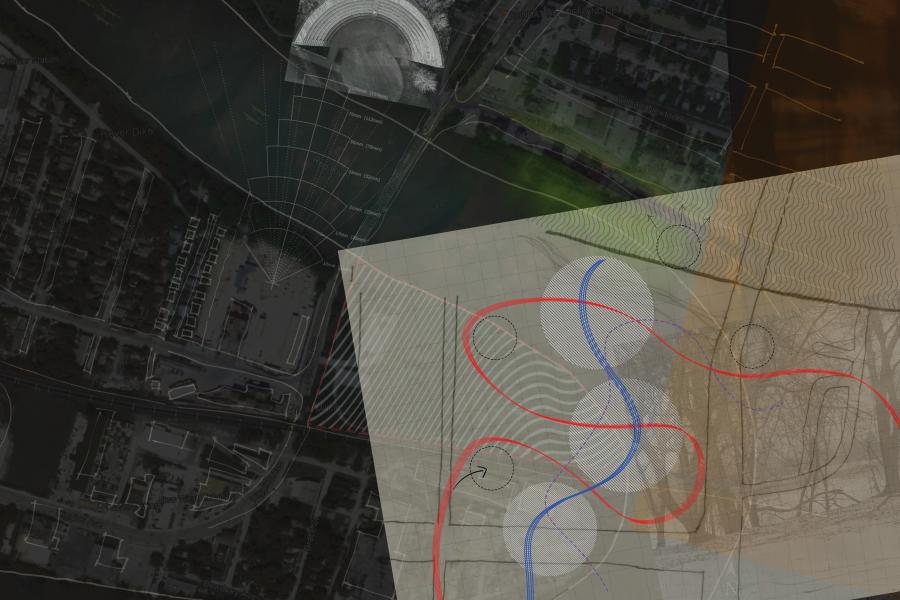 Abstract architectural design overlaying a satellite map. Curved red and blue lines intersect with shaded patterns, suggesting a dynamic urban plan.