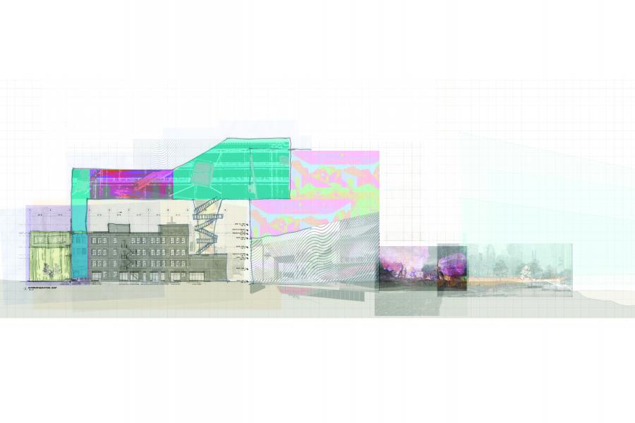 Abstract architectural composition with layered elements features a building elevation, colorful geometric overlays, and textured patterns. Tone is modern and artistic.