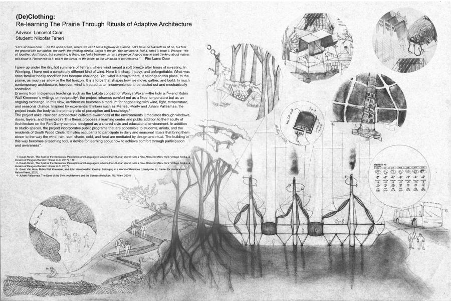 Black and white architectural design poster titled “(De)Clothing: Re-learning The Prairie Through Rituals of Adaptive Architecture” by Niolofar Taheri. Featuring abstract sketches of trees, structures, and circular vignettes depicting various living spaces and concepts. Smoke rises from tree-like supports, suggesting transformation and interaction with the environment. Text explains themes of memory, adaptation, and learning. Tone is thoughtful and innovative.