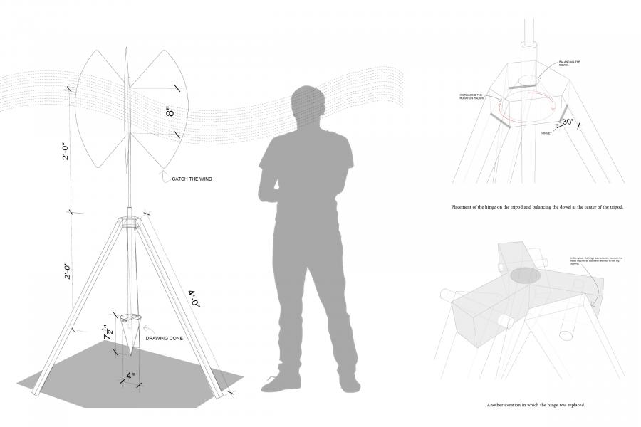 Silhouette of a person next to a wind turbine diagram. The turbine has tripod legs and labeled dimensions. Detailed hinge placement sketches are on the right.