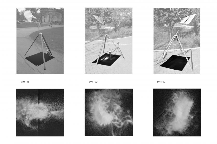 Triptych of solar panel setups on consecutive days, top panels showing evolving designs on tripods facing the sun; below, cloudy formations possibly representing solar energy data.