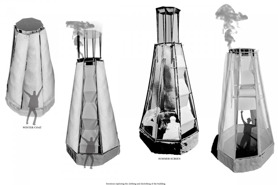 Four cone-shaped structures labeled "Winter Coat" and "Summer Screen." Figures inside, smoke on two, suggest adaptability of the building design. Monochrome tone.