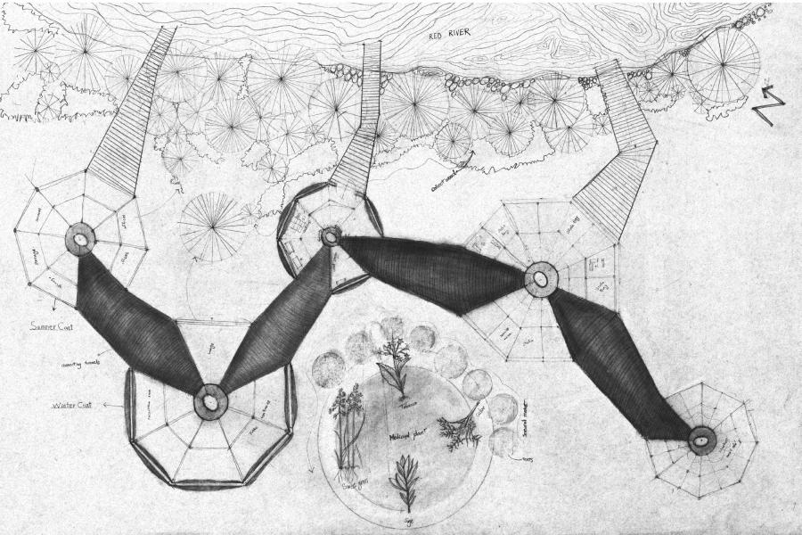Architectural sketch of interconnected octagonal structures leading to a river. Features labeled "Summer" and "Winter Coat." A compass indicates north.