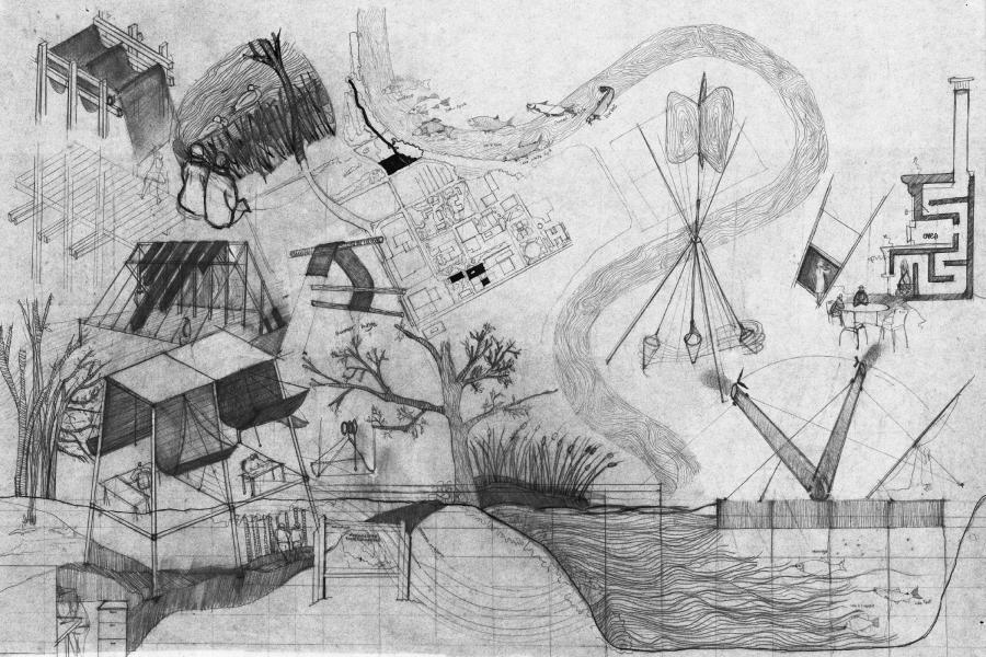 Surreal architectural sketch with abstract elements, including buildings, trees, a river, and geometric structures. The intricate lines convey creativity.