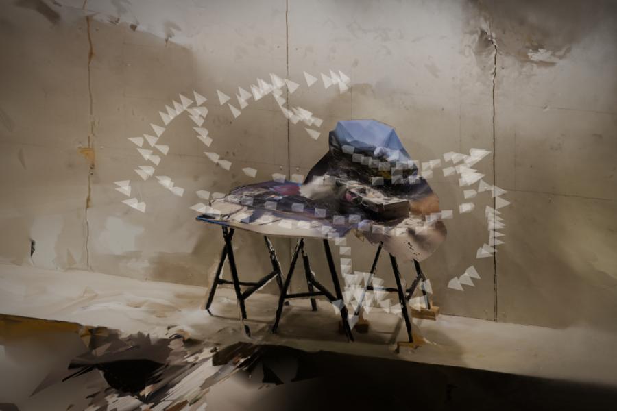 Abstract art with a palette-like object on a table. Surrounded by a swirl of white, triangular shapes against a muted, textured wall, evoking mystery.