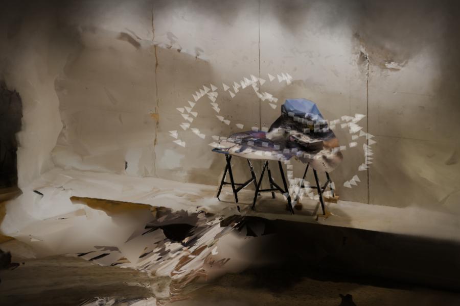 Abstract scene with a table and distorted objects in a dimly lit room. The table is surrounded by swirling geometric shapes, creating a surreal, mysterious atmosphere.