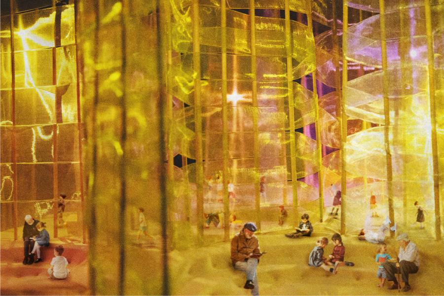 People relax and converse inside a vibrant art installation, surrounded by glowing golden and purple translucent panels. The atmosphere is warm and inviting.