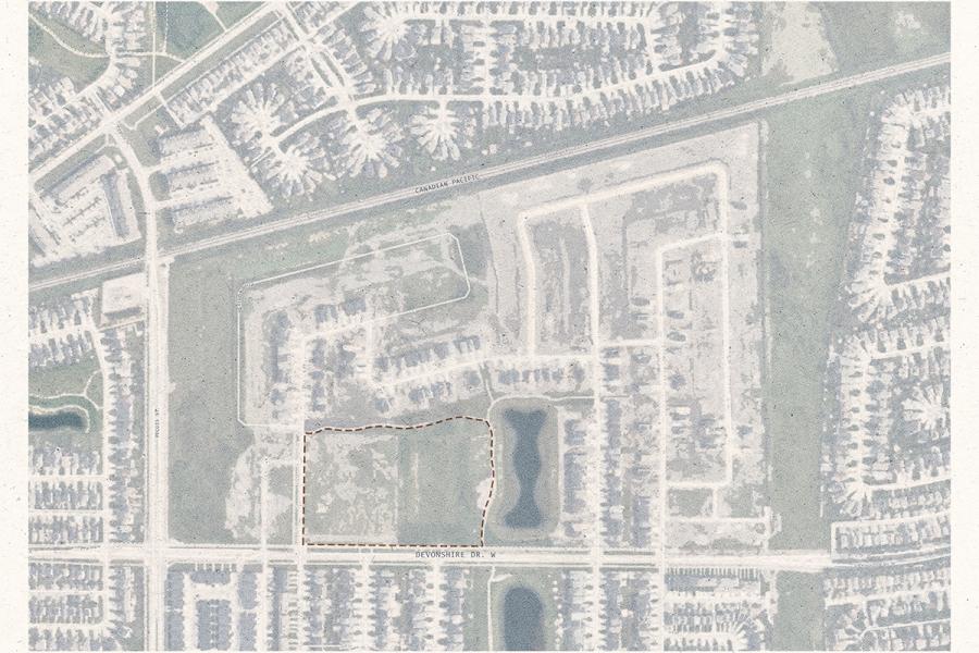 A muted aerial map highlights a residential area with a dashed outline around a grassy section. Streets labeled "Canadian Pacific" and "Devonshire Dr W" are visible.