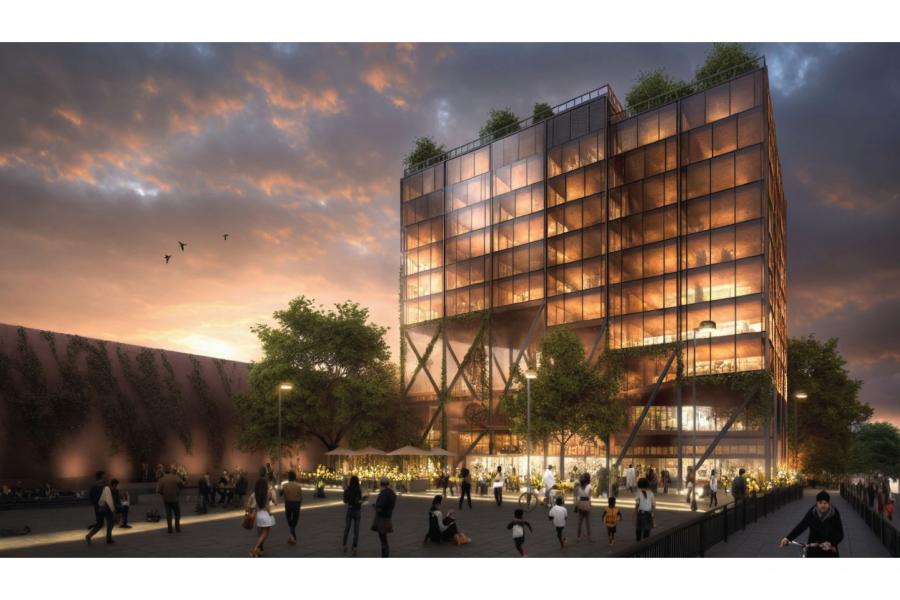 Modern glass building lit with warm lights against a dramatic sunset sky. Lush rooftop greenery. People socialize below, creating a lively atmosphere.