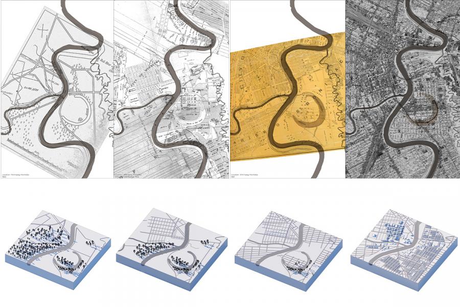 A series of four old maps and three 3D models depict a meandering river through an urban grid. The maps include sepia and grayscale tones, while models use blue accents. The image conveys a sense of historical urban planning.