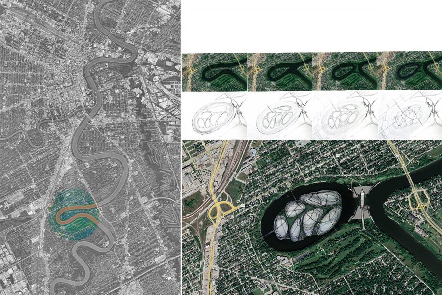 Composite image showing a city map with a winding river and shaded circle. Sketches depict evolving designs, with color overhead view of a natural urban area.