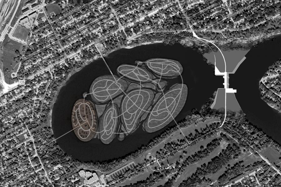 A black-and-white aerial map shows a river with an artistic overlay of abstract, oval shapes. Near the bridge, these forms resemble interconnected, swirling patterns. Surrounding the river are densely packed residential streets, highlighting the contrast between urban development and fluid design. The overall tone is modern and conceptual.