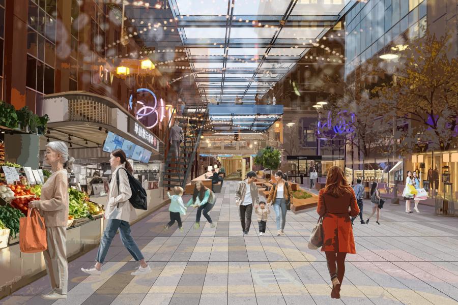 A bustling indoor urban market scene with people of all ages walking, exploring stalls, and shopping. Warm lights and decorations create a lively atmosphere.