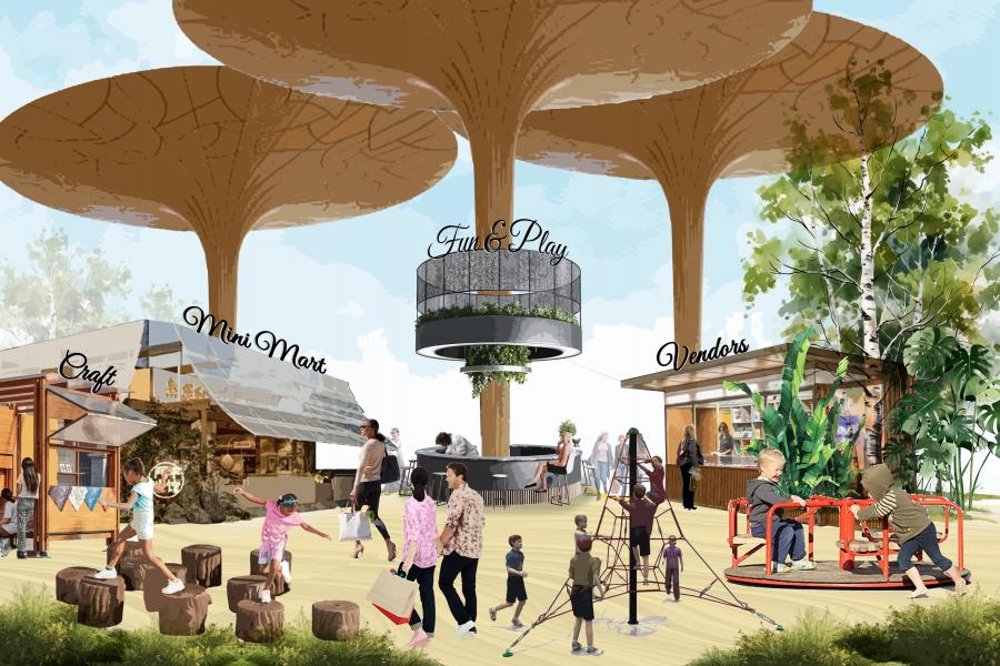 Outdoor scene with large mushroom-like canopies. People enjoy play areas, craft booths, mini-mart, and vendor stalls. The atmosphere is lively and playful.
