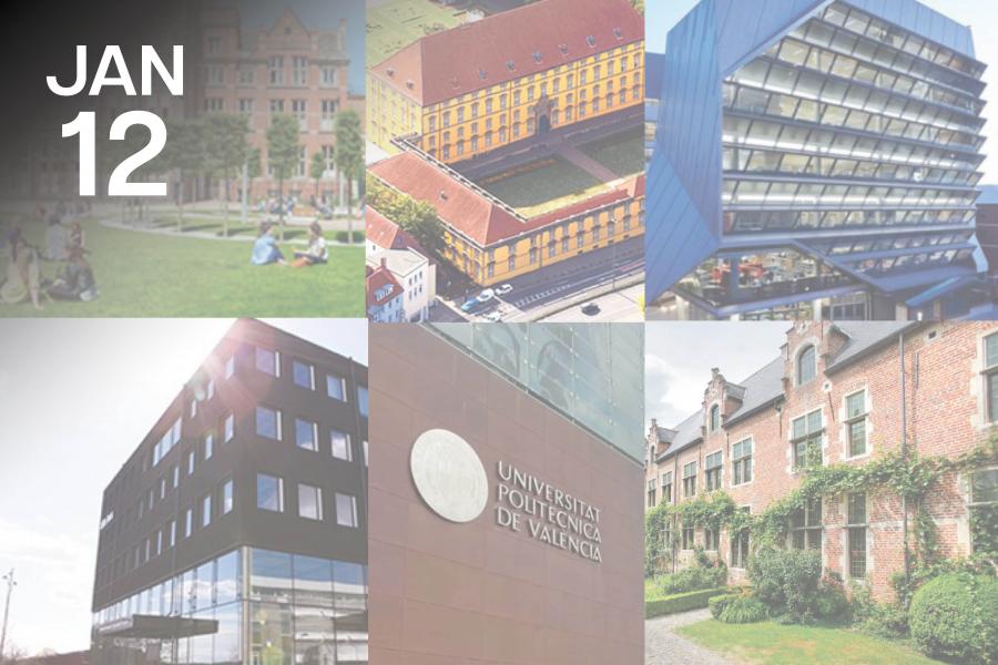 Collage of six university buildings, each with unique architecture.