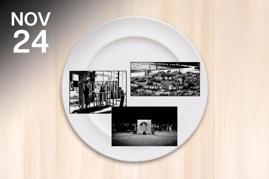 Plate on wood background with text “What’s Cooking in CAST?” contains three black-and-white images. Event details say “FAUM Food for Thought, CAST Building, 12 PM Monday, 24 Nov 2025.”