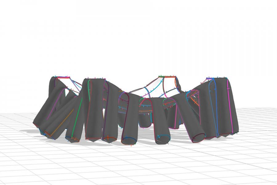 Computer-generated model of a circular structure with dark, cylindrical columns connected by colorful lines, set on a grid, suggesting a futuristic design.
